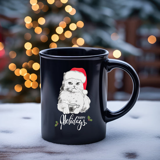 Taza negra de 15 oz - Gato navideño con gorro de Papá Noel - Regalo perfecto para los amantes de los gatos