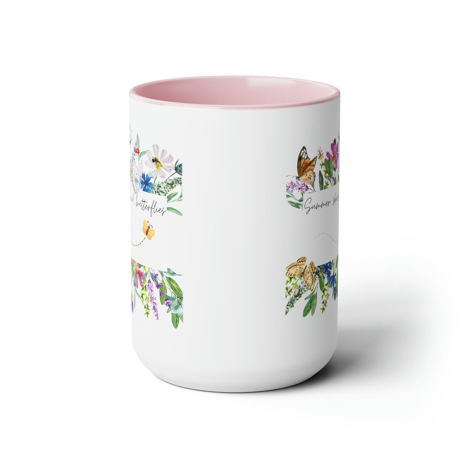 Two-Tone Coffee Mugs, 15oz., Inspirational summer skies and butterflies pretty colorful beverage cup with enlighting message