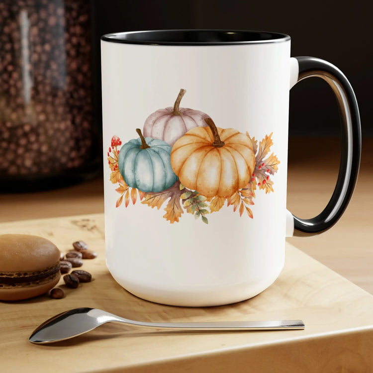 Two-Tone Coffee Mugs, 15oz, Fall November holiday colorful festive pumpkin design large coffee hot tea kitchen decor mug The Aurora Touch