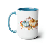 Two-Tone Coffee Mugs, 15oz, Fall November holiday colorful festive pumpkin design large coffee hot tea kitchen decor mug The Aurora Touch
