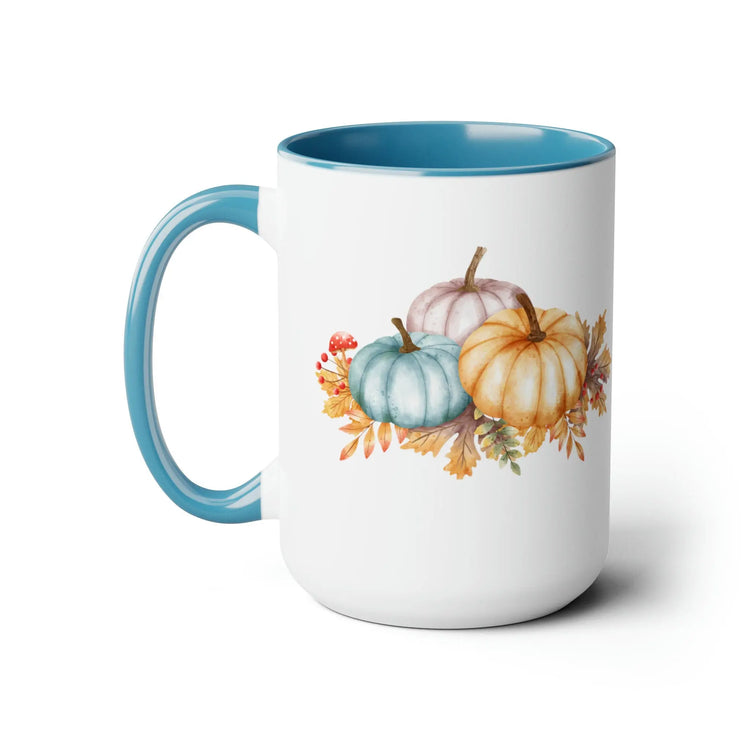 Two-Tone Coffee Mugs, 15oz, Fall November holiday colorful festive pumpkin design large coffee hot tea kitchen decor mug The Aurora Touch