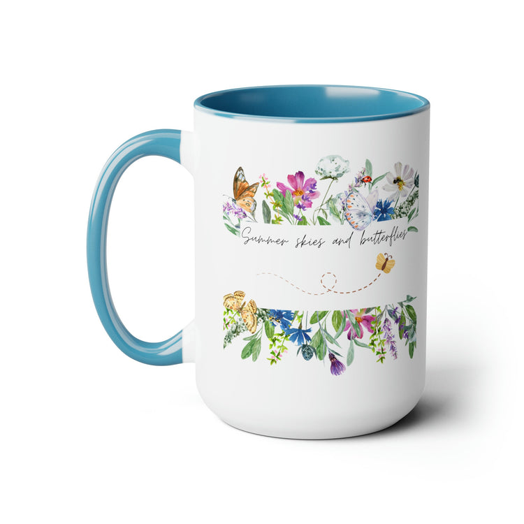 Two-Tone Coffee Mugs, 15oz., Inspirational summer skies and butterflies pretty colorful beverage cup with enlighting message