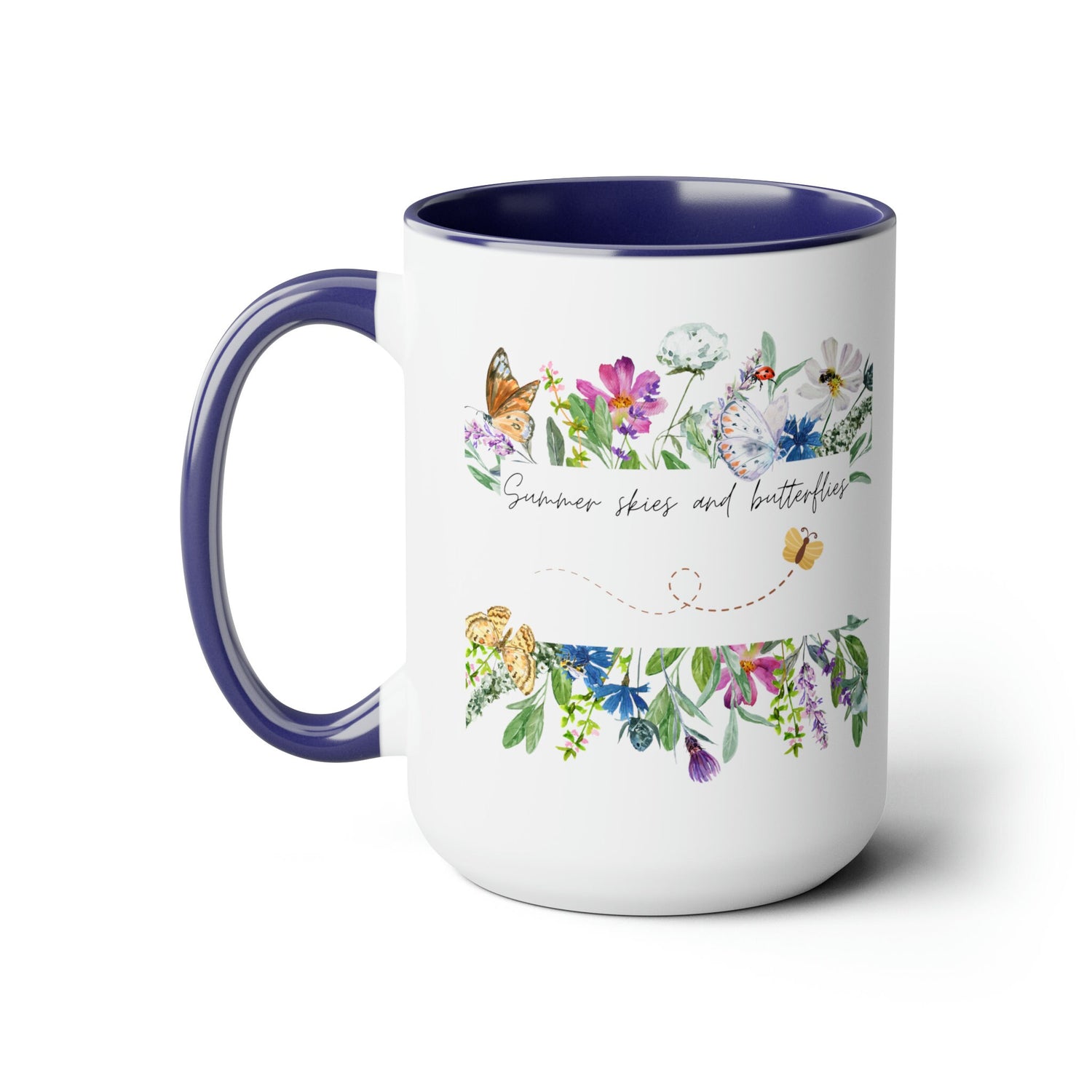 Two-Tone Coffee Mugs, 15oz., Inspirational summer skies and butterflies pretty colorful beverage cup with enlighting message