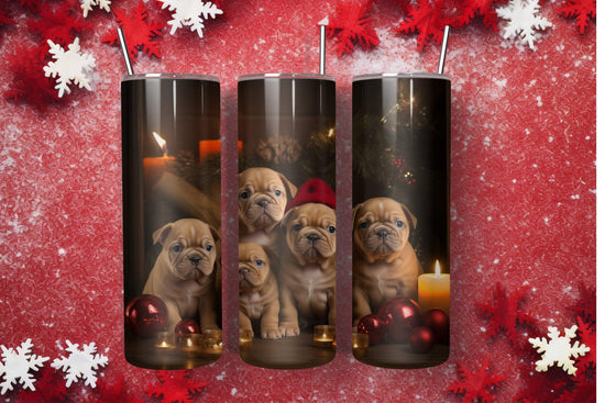 Xmas Holiday Skinny Tumbler with Straw, 20oz - Puppy Xmas, Holiday cups, Travel mug, Pet lover gift, Holiday portraits