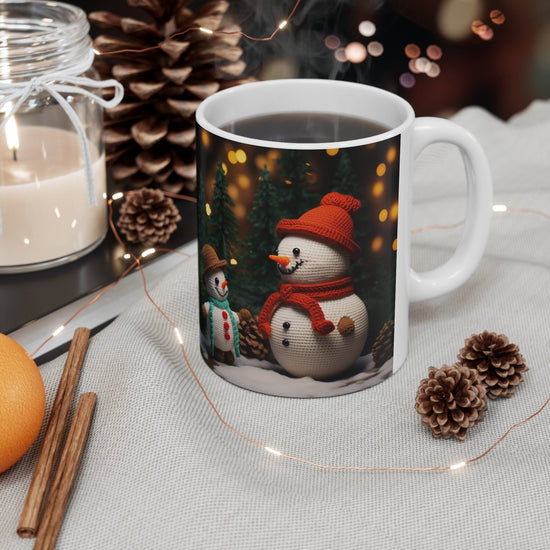 Ceramic Mug 11oz, snowman, Holiday mugs, Xmas Art, Hot Chocolate Mug, Gift for teacher, gift for nurse, Crochet Snowman