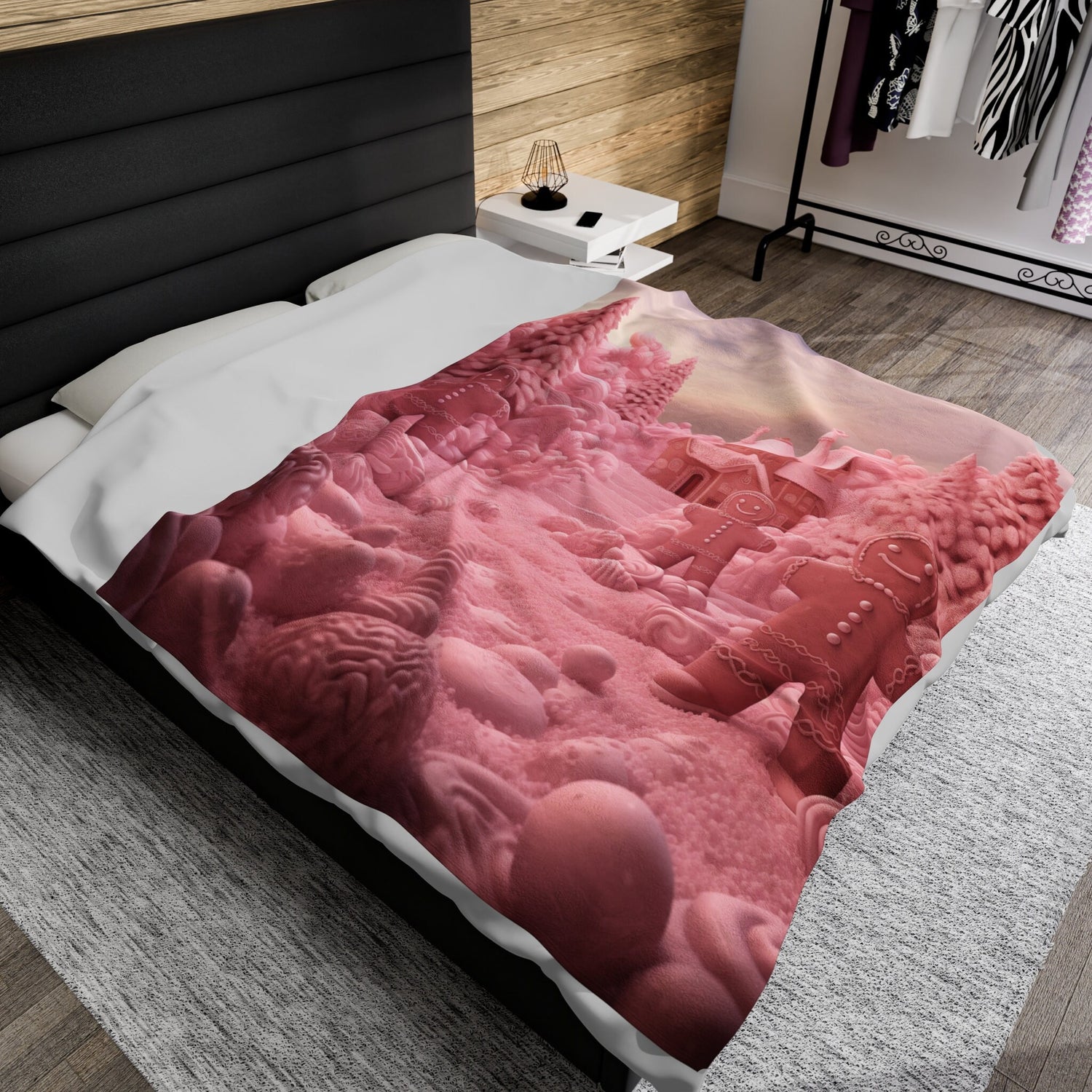 Christmas Gingerbread Man Velveteen Plush Blanket, Pink Bedspread, Soft Fleece Throw, Child Bed Cover, Holiday Gift Idea