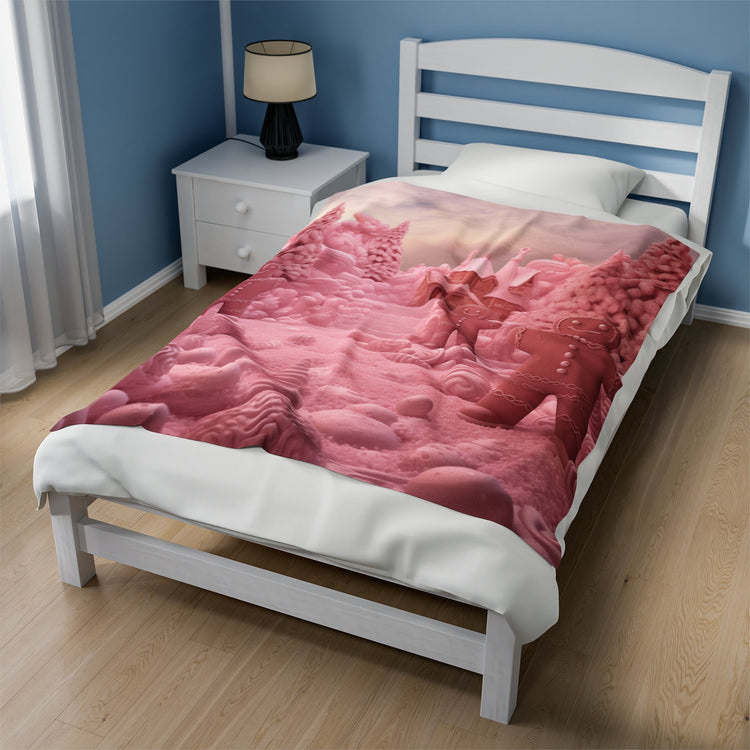 Christmas Gingerbread Man Velveteen Plush Blanket, Pink Bedspread, Soft Fleece Throw, Child Bed Cover, Holiday Gift Idea