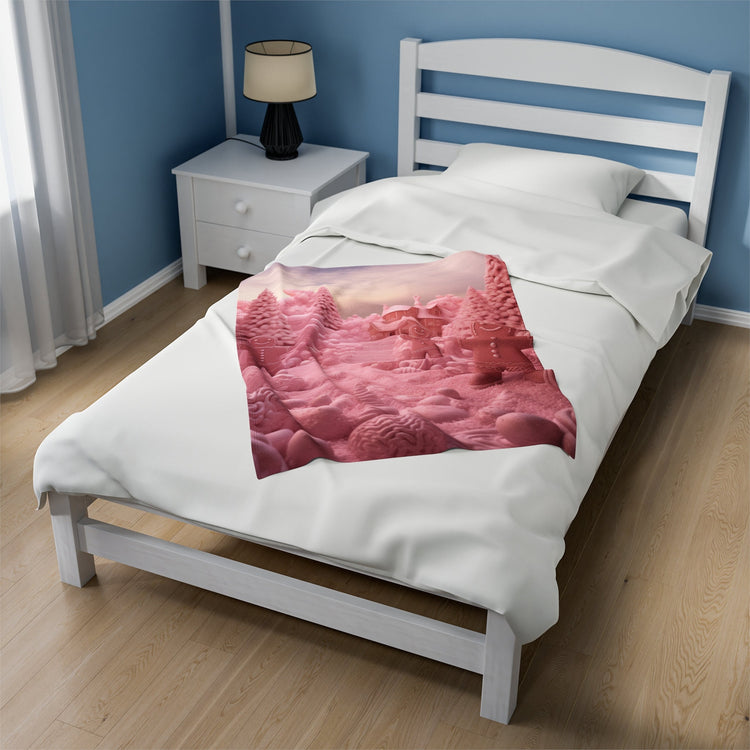 Christmas Gingerbread Man Velveteen Plush Blanket, Pink Bedspread, Soft Fleece Throw, Child Bed Cover, Holiday Gift Idea