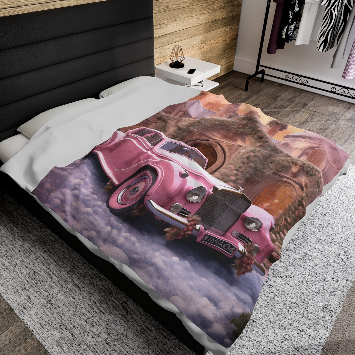 Velveteen Plush Blanket, Pretty in pink luxury classic car image living room bedroom couch fancy soft comfy throw quilt great for holiday