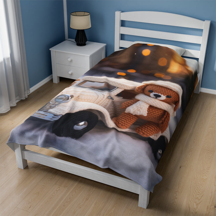 Velveteen Plush Blanket, Kid cozy soft Teddy Bear crochet child toddler bedroom warm soft adorable crib fleece Xmas holiday gift