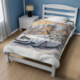 Velveteen Plush Blanket, Luxury fancy white Bentley exotic car portrait living room bedroom Xmas holiday warm soft cuddly decor couch throw