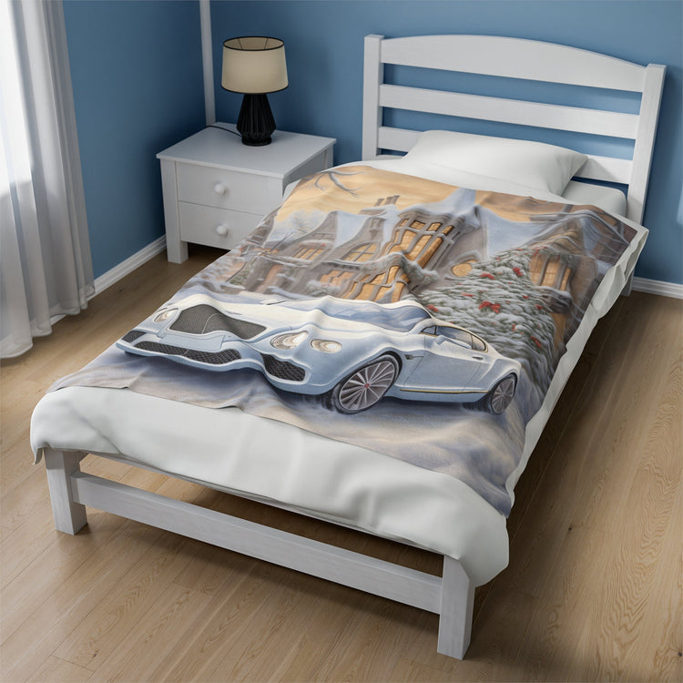 Velveteen Plush Blanket, Luxury fancy white Bentley exotic car portrait living room bedroom Xmas holiday warm soft cuddly decor couch throw