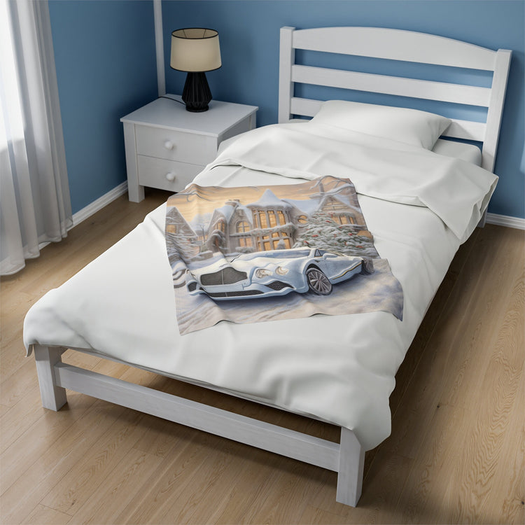 Velveteen Plush Blanket, Luxury fancy white Bentley exotic car portrait living room bedroom Xmas holiday warm soft cuddly decor couch throw