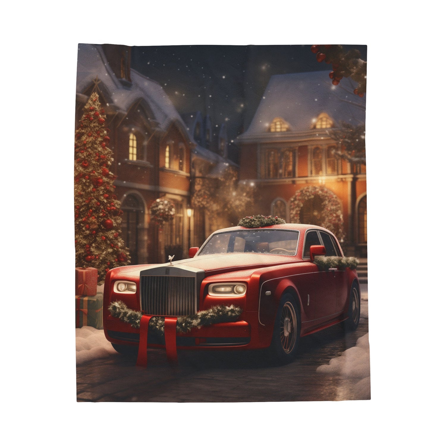Velveteen Plush Blanket, Holiday Red Rolls-Royce Xmas luxury car scene stylish cozy warm fireplace couch bed chair TV cuddle fleece throw