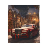 Velveteen Plush Blanket, Holiday Red Rolls-Royce Xmas luxury car scene stylish cozy warm fireplace couch bed chair TV cuddle fleece throw