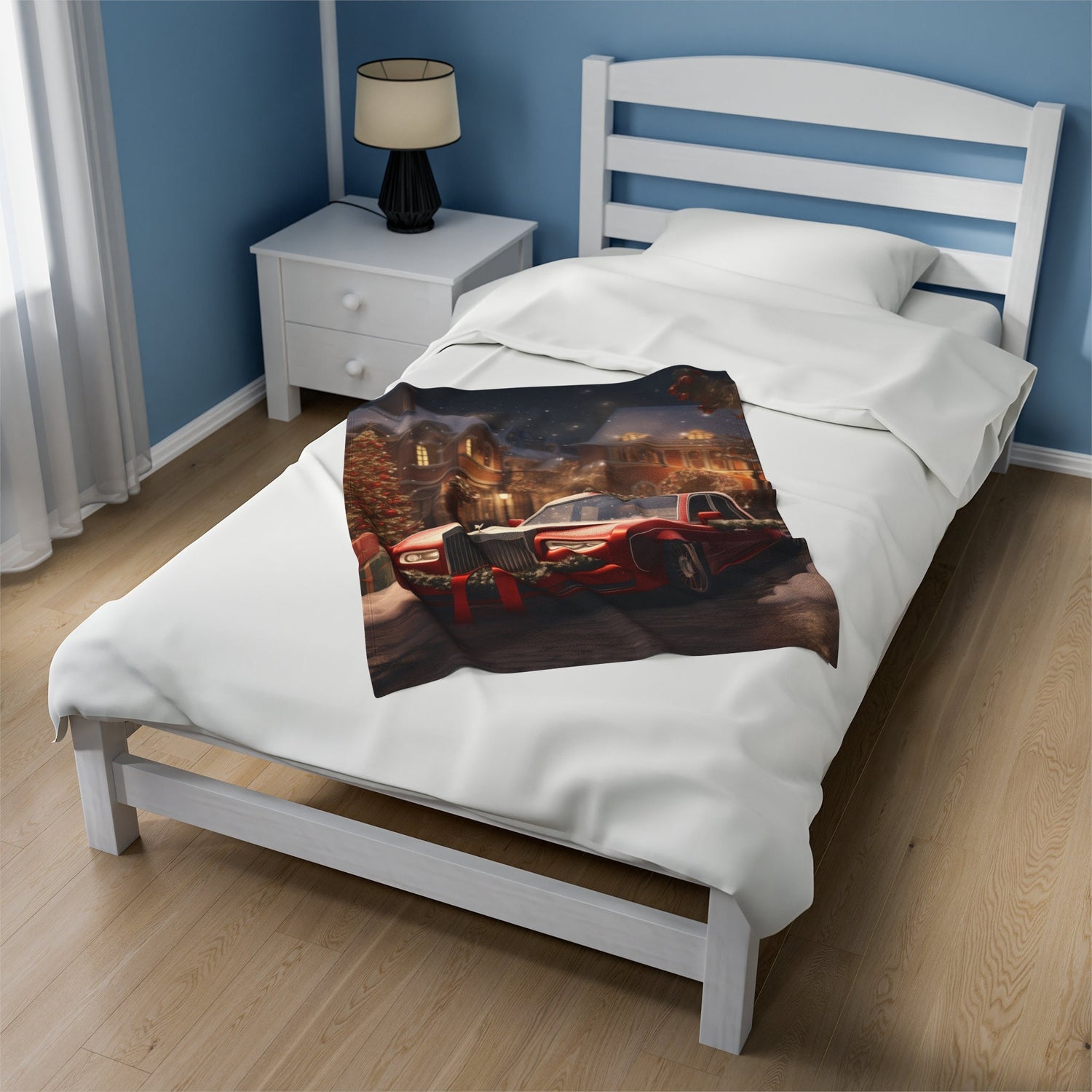 Velveteen Plush Blanket, Holiday Red Rolls-Royce Xmas luxury car scene stylish cozy warm fireplace couch bed chair TV cuddle fleece throw