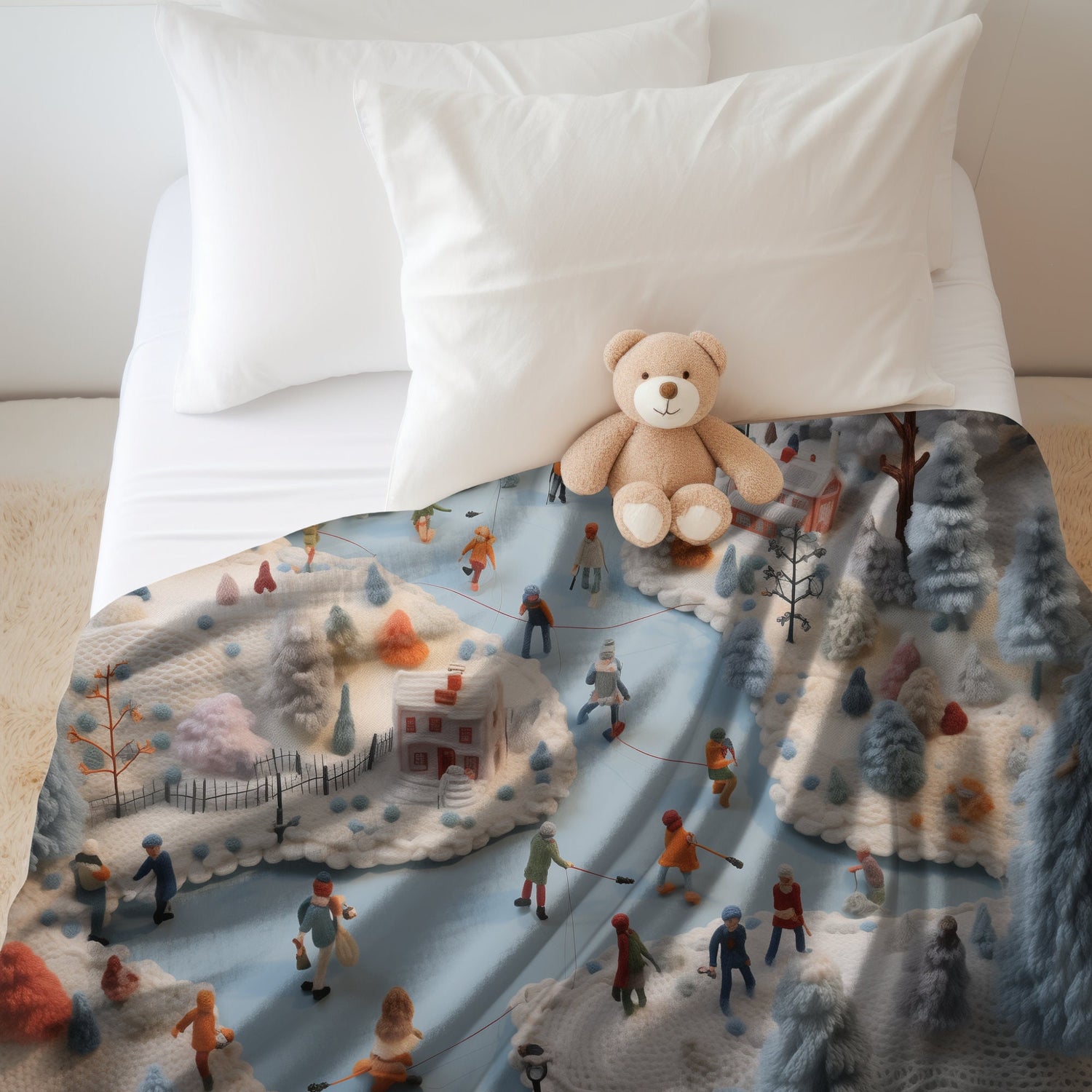 Velveteen Xmas Holiday Plush Blanket any room child bedroom ice skating festive family portraot design soft cozy winter bedspread throw