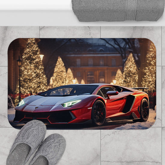 Red Lamborghini Holiday Scenery Bath Mat | Luxury Car Decor | Christmas Gift Ideas