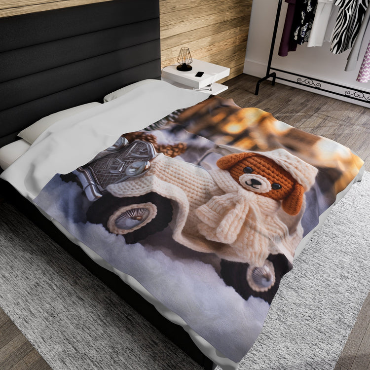Velveteen Plush Blanket - Child Bedroom Winter Bedcover, Cozy Crotchet Design Blanket, Holiday Blanket, Adorable Bedcover, Child Winter