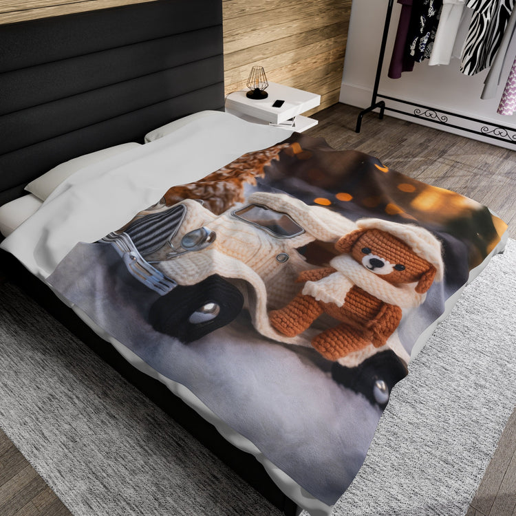 Velveteen Plush Blanket, Kid cozy soft Teddy Bear crochet child toddler bedroom warm soft adorable crib fleece Xmas holiday gift