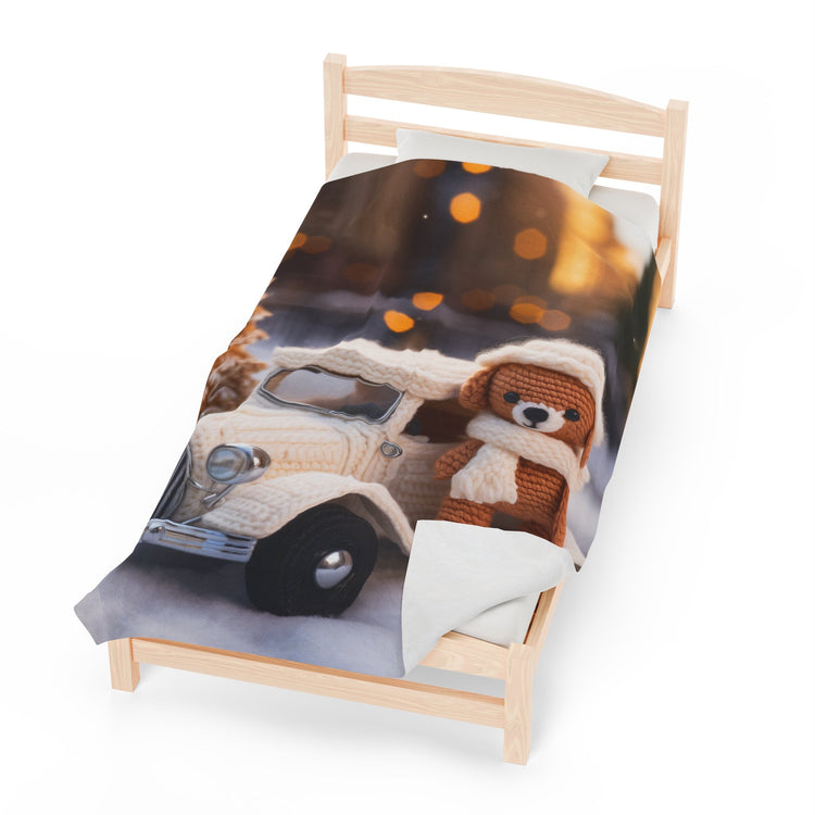 Velveteen Plush Blanket, Kid cozy soft Teddy Bear crochet child toddler bedroom warm soft adorable crib fleece Xmas holiday gift