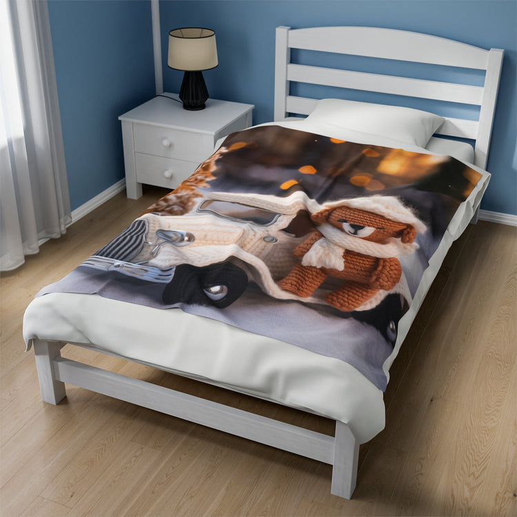 Velveteen Plush Blanket, Kid cozy soft Teddy Bear crochet child toddler bedroom warm soft adorable crib fleece Xmas holiday gift