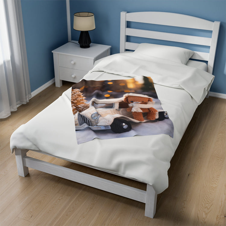 Velveteen Plush Blanket, Kid cozy soft Teddy Bear crochet child toddler bedroom warm soft adorable crib fleece Xmas holiday gift