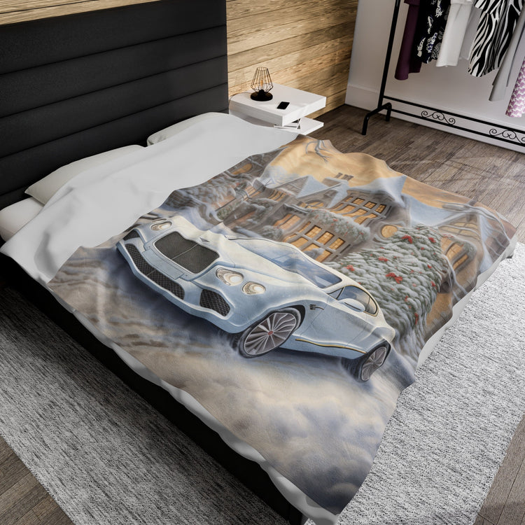 Velveteen Plush Blanket, Luxury fancy white Bentley exotic car portrait living room bedroom Xmas holiday warm soft cuddly decor couch throw