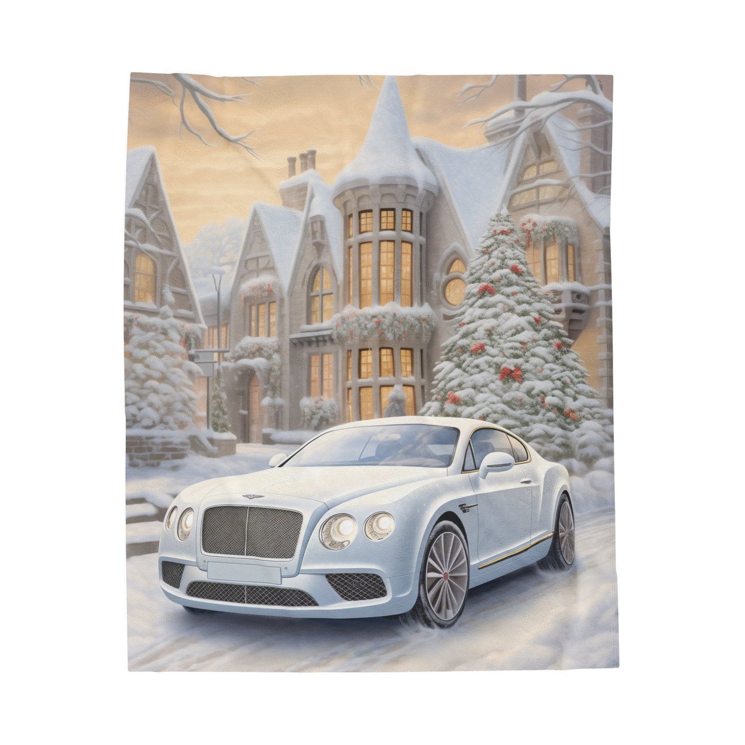 Velveteen Plush Blanket, Luxury fancy white Bentley exotic car portrait living room bedroom Xmas holiday warm soft cuddly decor couch throw