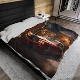 Velveteen Plush Blanket, Holiday Red Rolls-Royce Xmas luxury car scene stylish cozy warm fireplace couch bed chair TV cuddle fleece throw