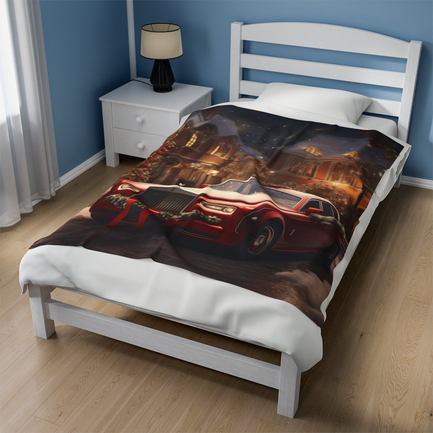 Velveteen Plush Blanket, Holiday Red Rolls-Royce Xmas luxury car scene stylish cozy warm fireplace couch bed chair TV cuddle fleece throw