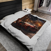 Velveteen Plush Blanket, Holiday Red Rolls-Royce Xmas luxury car scene stylish cozy warm fireplace couch bed chair TV cuddle fleece throw