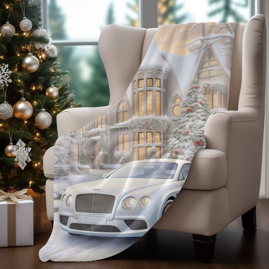 Velveteen Plush Blanket, Luxury fancy white Bentley exotic car portrait living room bedroom Xmas holiday warm soft cuddly decor couch throw