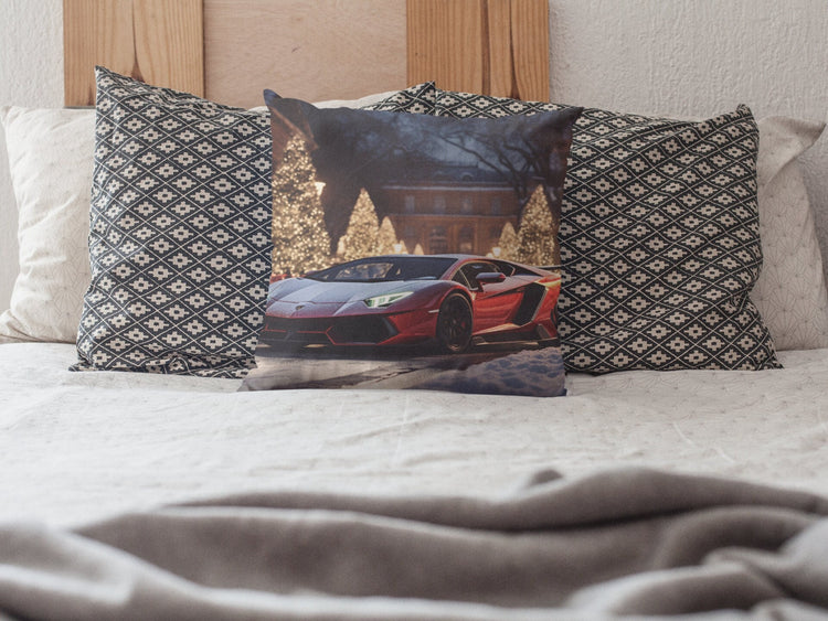 Spun Polyester Square Pillow, lamborghini print design, Gift for Teen Boy, Luxury Bed Pillow, Exotic Car Art, Designer Bed Pillow, Xmas gift