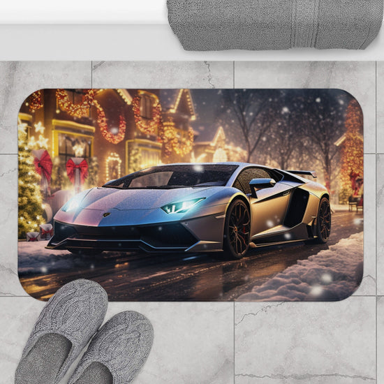 Lamborghini Holiday Scene Bath Mat - Luxury Car Decor, Festive Bathroom Rug, Customizable Gift