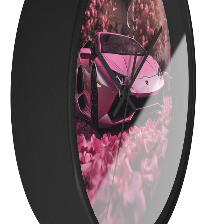 Wall Clock, Pink Lamborghini portrait dorm home room wall art pink rose petals sweet 16 quinceañera Bday gift for luxury exotic car lover