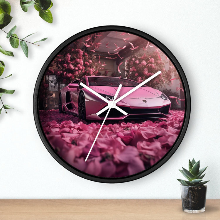 Wall Clock, Pink Lamborghini portrait dorm home room wall art pink rose petals sweet 16 quinceañera Bday gift for luxury exotic car lover