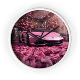 Wall Clock, Pink Lamborghini portrait dorm home room wall art pink rose petals sweet 16 quinceañera Bday gift for luxury exotic car lover