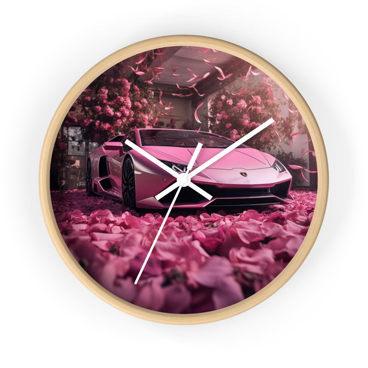 Wall Clock, Pink Lamborghini portrait dorm home room wall art pink rose petals sweet 16 quinceañera Bday gift for luxury exotic car lover