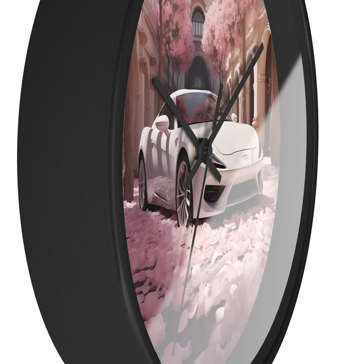Wall Clock, White Lamborghini modern day exotic car portrait home room soft pink rose petal wall art decor designer Gift
