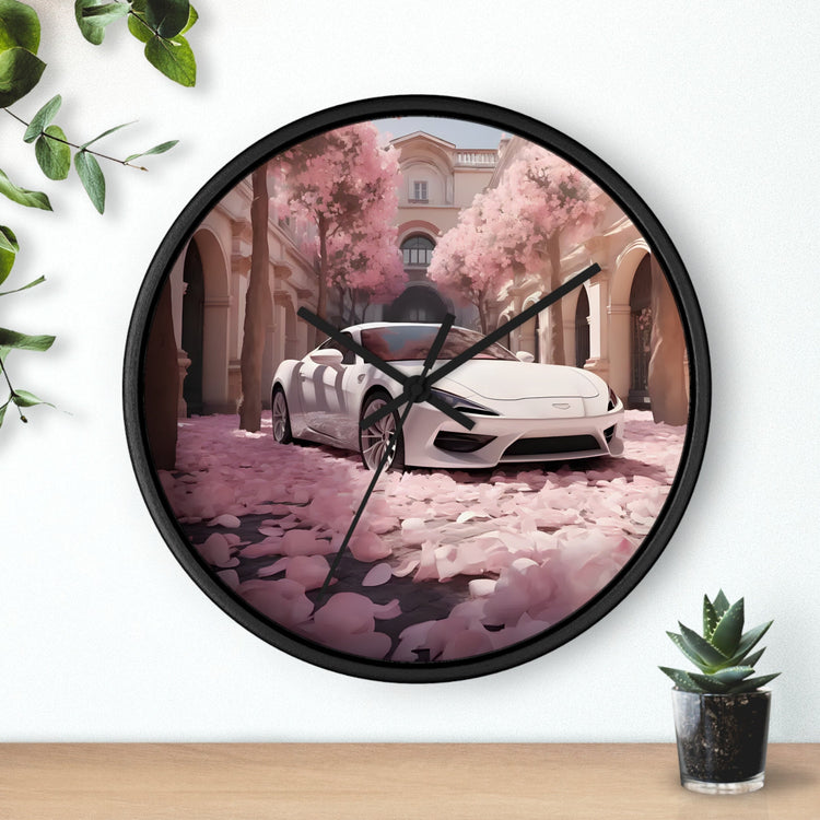 Wall Clock, White Lamborghini modern day exotic car portrait home room soft pink rose petal wall art decor designer Gift