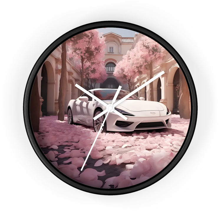Wall Clock, White Lamborghini modern day exotic car portrait home room soft pink rose petal wall art decor designer Gift