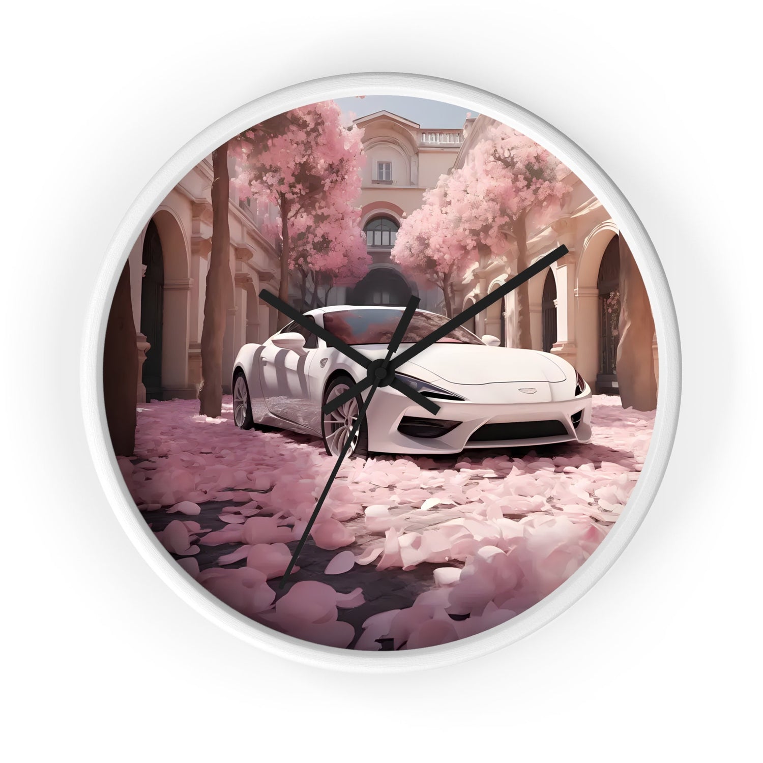 Wall Clock, White Lamborghini modern day exotic car portrait home room soft pink rose petal wall art decor designer Gift