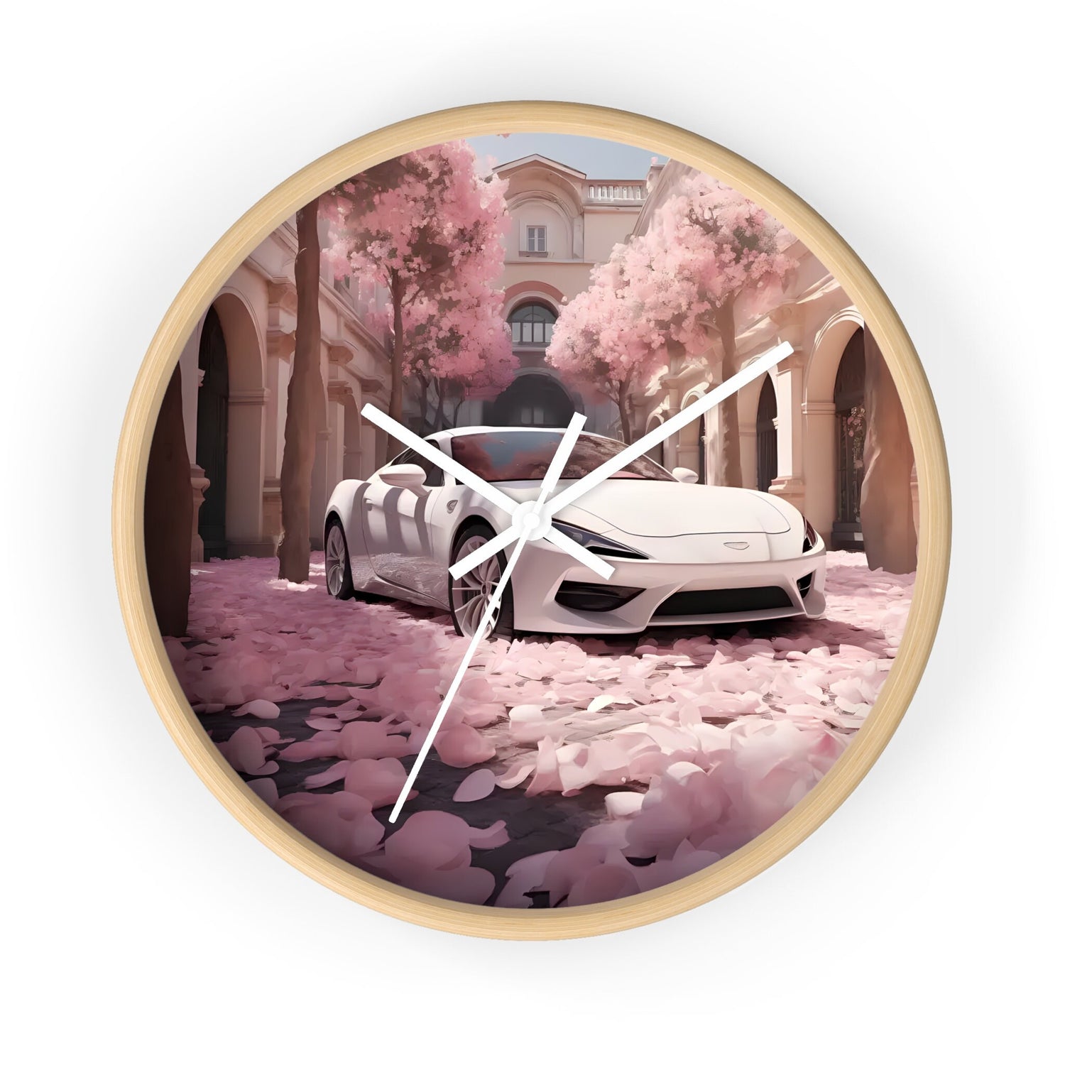 Wall Clock, White Lamborghini modern day exotic car portrait home room soft pink rose petal wall art decor designer Gift