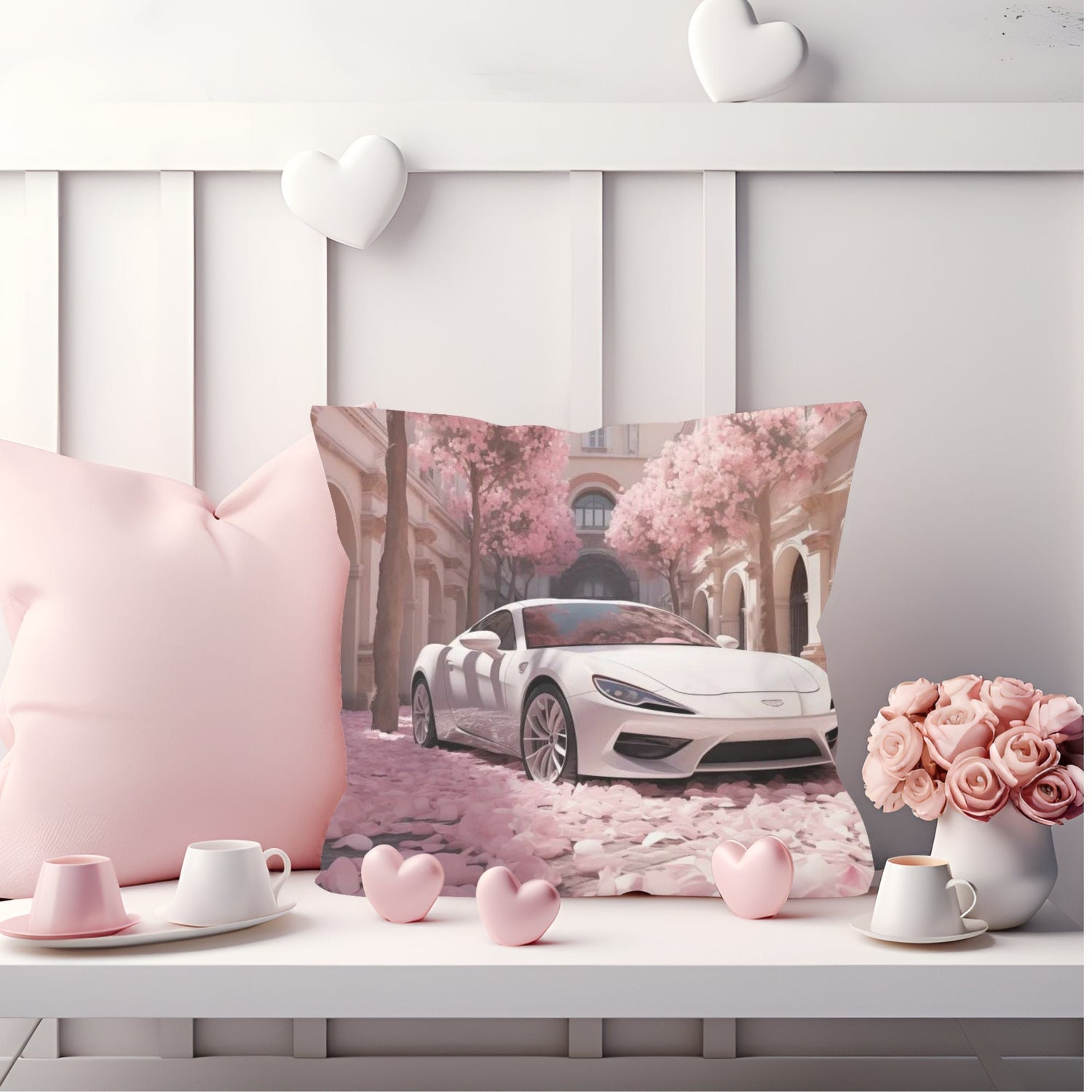 Spun Polyester Square Pillow, White exotic car portrait, Lamborghini Car art work, Stylish Designer Pillow, Valentines Day gift ideas