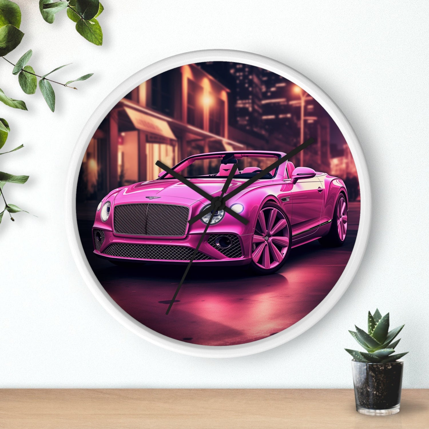 Wall Clock, Pink Bentley exotic vibrant fancy Barbie car design for bedroom hallway living room office upscale luxury wall art home decor