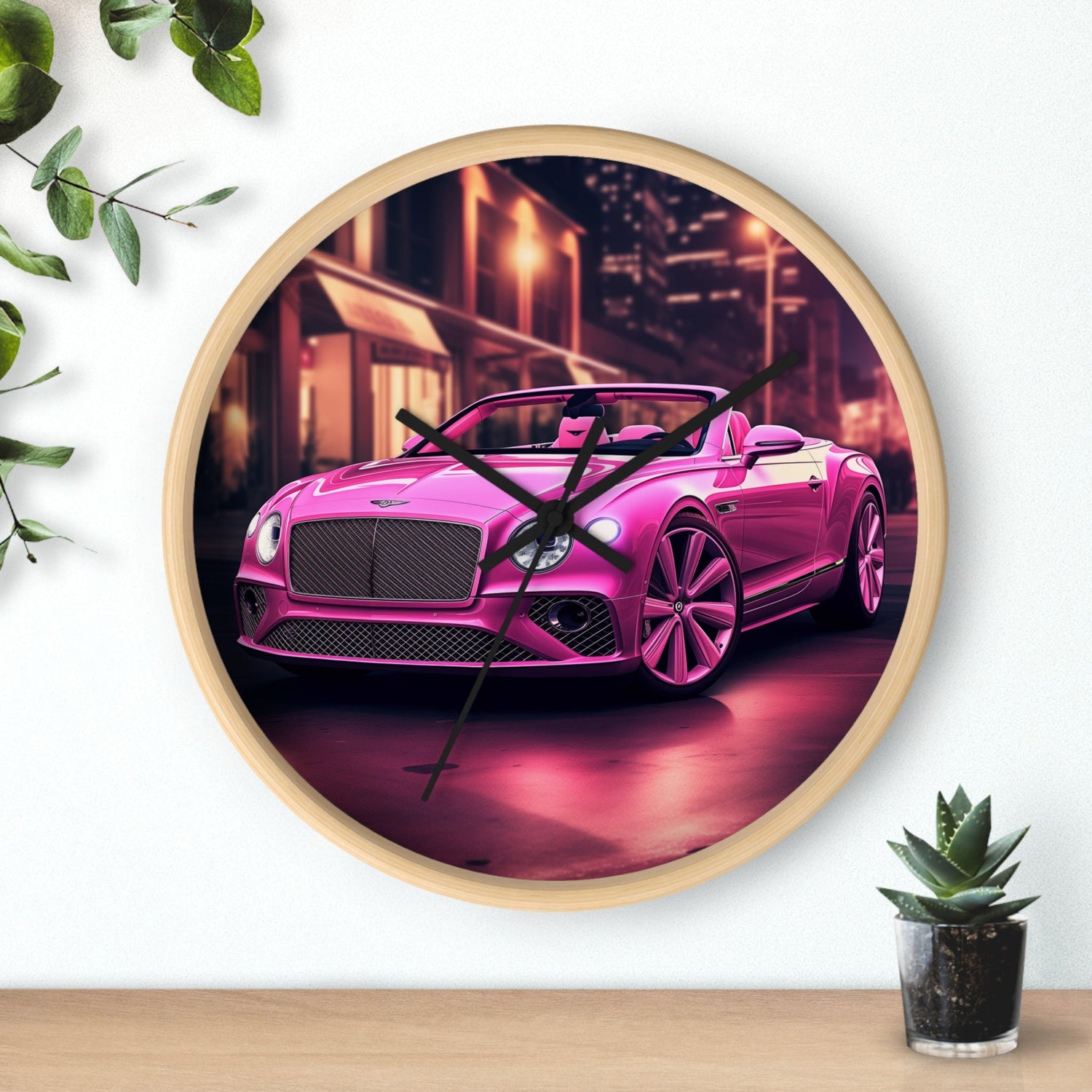 Wall Clock, Pink Bentley exotic vibrant fancy Barbie car design for bedroom hallway living room office upscale luxury wall art home decor