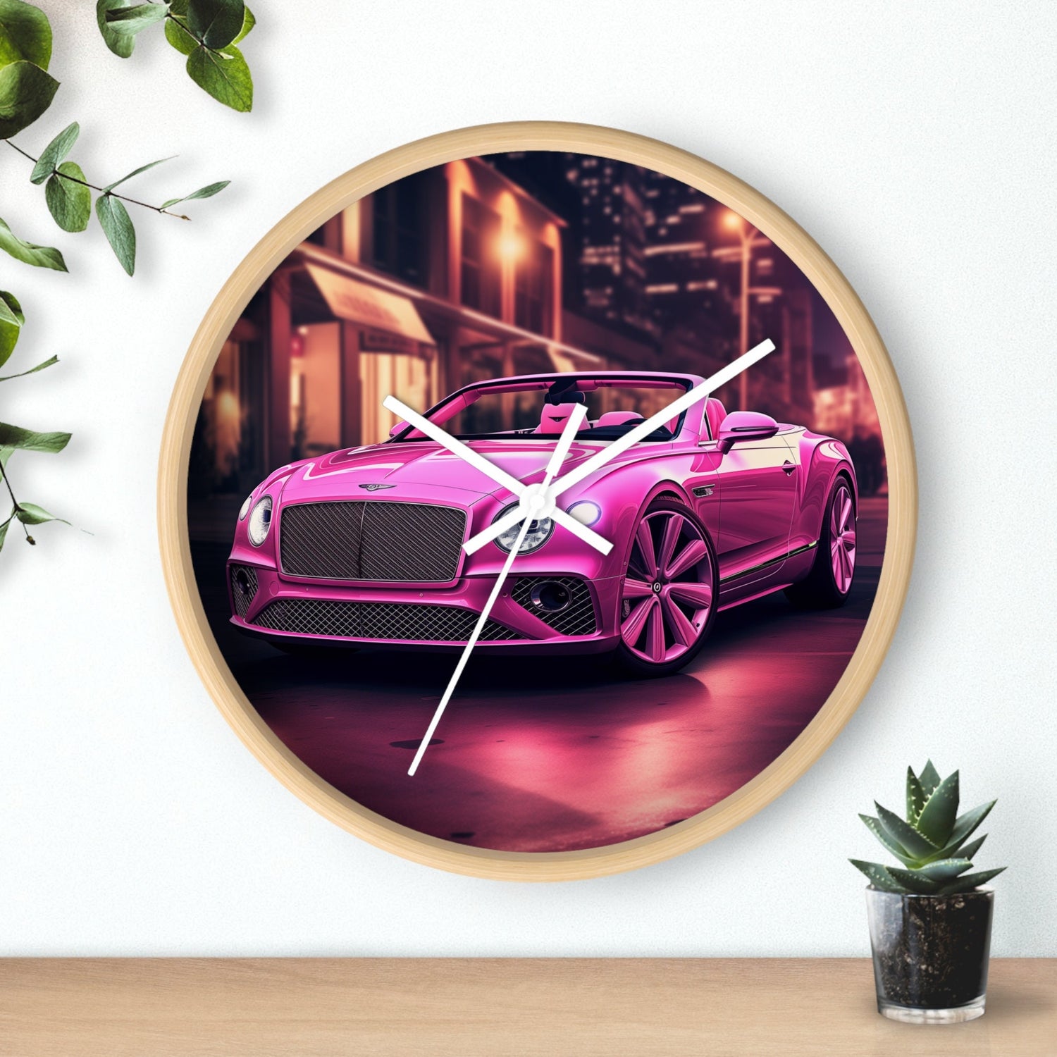 Wall Clock, Pink Bentley exotic vibrant fancy Barbie car design for bedroom hallway living room office upscale luxury wall art home decor