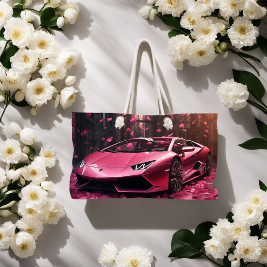 Pink Lamborghini Weekender Bag, Stylish Travel Bag, Carry on Purse, Designer Luxury Bag, Large Tote Bag for Women, Weekend Getaway Overnight