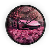 Wall Clock, Pink Lamborghini portrait dorm home room wall art pink rose petals sweet 16 quinceañera Bday gift for luxury exotic car lover